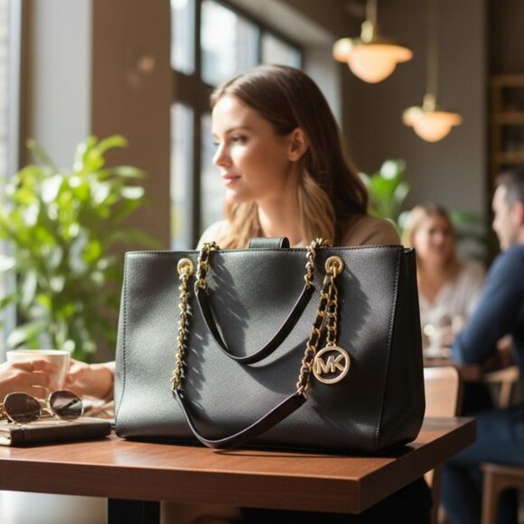 Michael Kors Susannah Black Saffiano Leather Structured Satchel Tote - Picture 12 of 12
